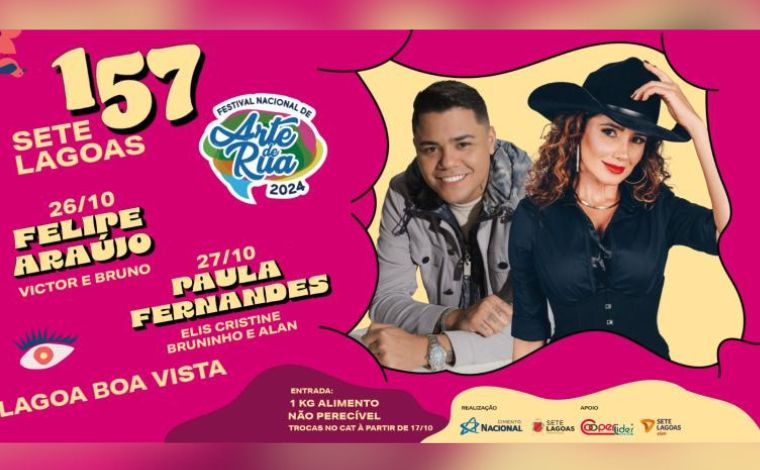 Sete Lagoas celebra 157 anos com shows gratuitos de Felipe Araújo e Paula Fernandes